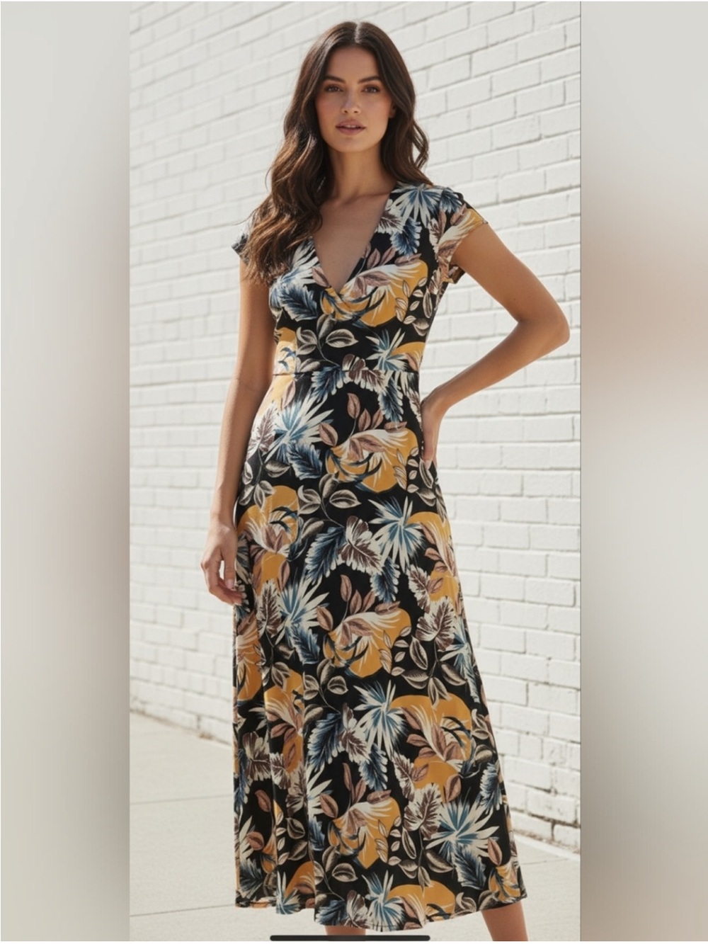 Bohme Black Tropical Print V-Neck Midi Dress with Mustard Accents Size Large